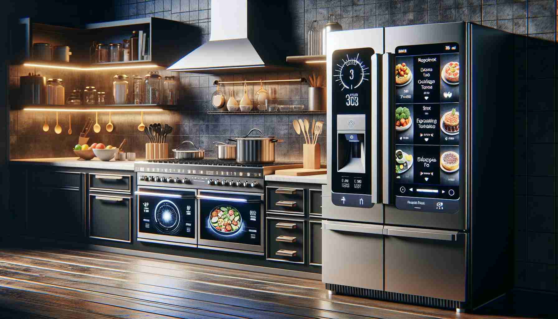 Create a highly detailed image featuring state-of-the-art kitchen technology designed to eliminate the uncertainty of cooking. The scene features a modern kitchen boasting a sleek, high-tech stove with in-built temperature controls and precision timers, a revolutionary smart fridge that suggests recipes based on the ingredients inside, and an advanced oven that adjusts cooking times based on the food being prepared. Display the cutting-edge gadgetry and user-friendly interfaces of these devices, highlighting their integration into the overall kitchen design.