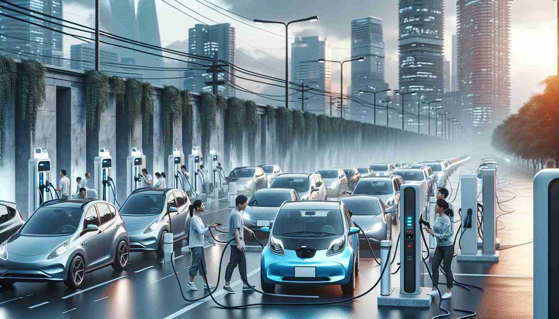 Generate a realistic HD image showing the rise of electric vehicle usage amid uncertain times. The scene should feature bustling charging stations with various electric cars plugged in. Show the cars being efficiently charged, and the drivers, of different genders and descents such as South Asian and Caucasian, interacting with the charging systems with ease. Include a mix of day and evening scenarios with an overcast, illustrating the uncertainty, but also hinting that these cars are on the rise regardless of the time of day.