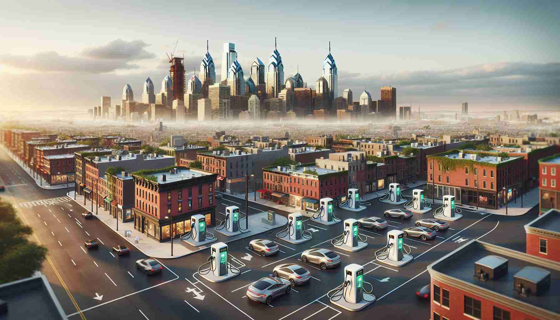 A high-definition, realistic image of the cityscape of Philadelphia, showcasing the future improvement where multiple public electric vehicle charging stations are dotted around. This scene conveys a sense of hope and environmental consciousness, with the skyline being updated to include green technology additions. Rooftops, parking lots, and streets can now be seen hosting the compact, state-of-the-art EV charging stations. The overall scene radiates a sense of progress and sustainability, pushing Philadelphia further into the future.