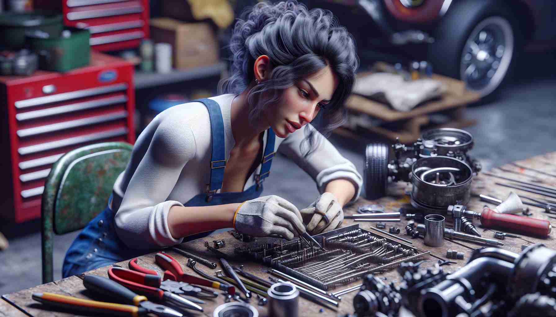 High definition realistic image showcasing a woman, of South Asian descent, engaged in the activity of reviving or restoring classic automobiles. She is engrossed in the activity with various tools and parts scattered around her. Her words seem to bring life to the machines, a metaphorical representation of her passionate speech about her craft.