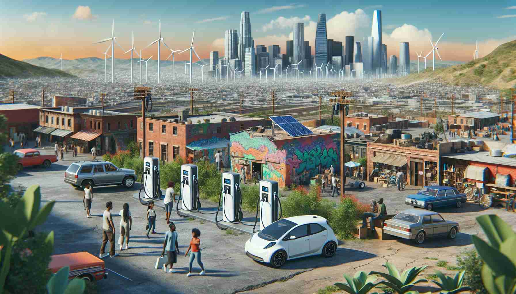 Generate a high-definition, realistic image that represents the concept of 'Big Changes Ahead!'. The scene should display an urban landscape, specifically the low-income areas in a typical city, undergoing transformation through the integration of electric vehicles. There should be charging stations, powered by renewable energy sources, such as wind turbines or solar panels. Multiple people of various descent such as Hispanic, Middle-Eastern, and Black should be visible, interacting positively with this change, showcasing the benefits and improvements to their daily lives.