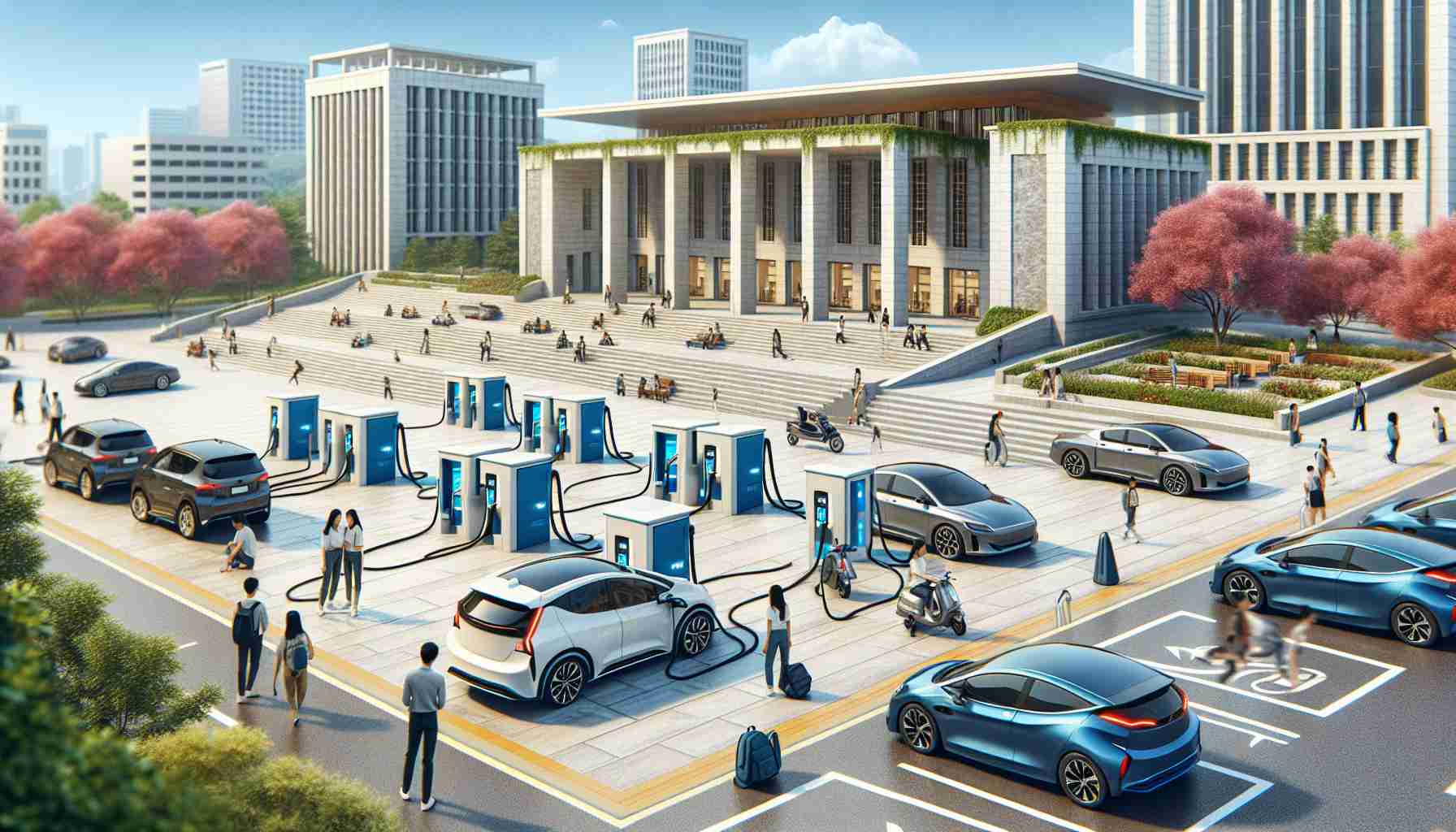 Create a realistic, high-definition image of a university campus undergoing transformation due to the installation of new electric vehicle (EV) charging stations. Portray charging pavilions scattered in strategic locations, each equipped with cutting-edge, futuristic charging equipment. Amidst the backdrop of traditional academic buildings, show some cars plugged in and charging. Also capture students of diverse ethnicities and genders, some interacting near the stations while others are on the way to lectures, engaging in dialogues about this new addition to their campus life. Ensure that the image reflects the modern blend of technology enhancement improving everyday life.