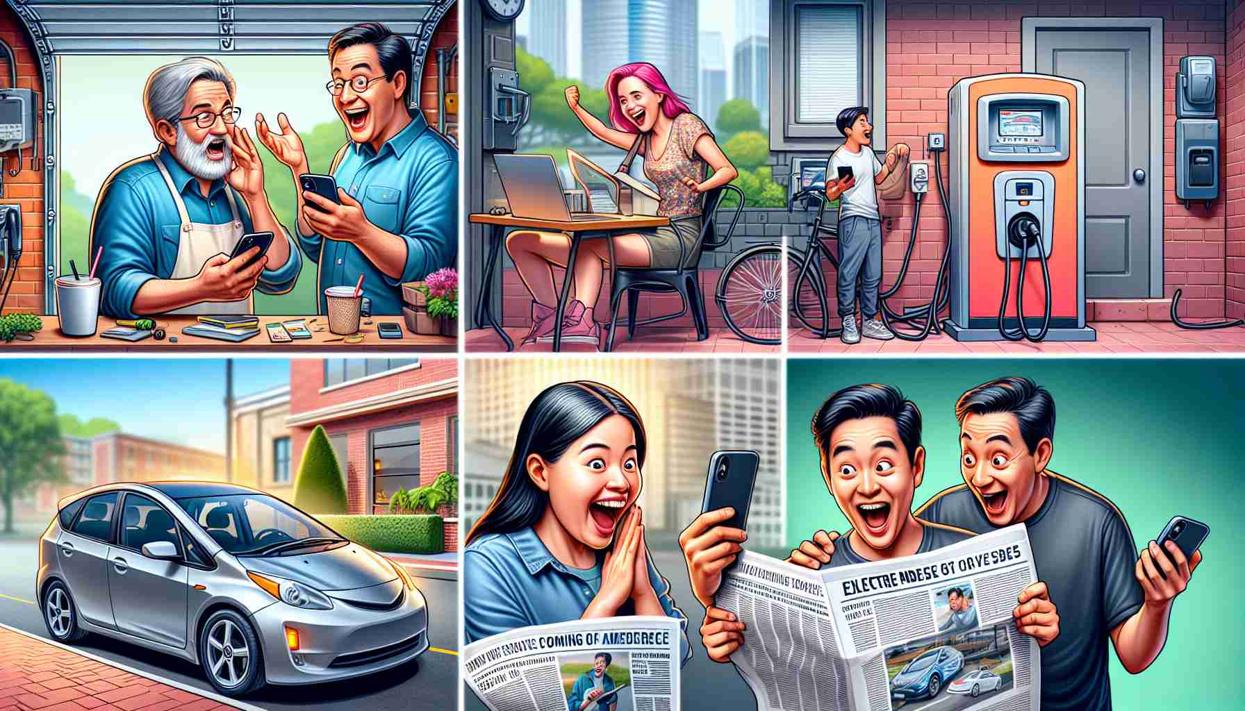 Detailed scene of electric car owners reacting to exciting news about upcoming changes in the industry. Picture this: an HD scene with various locations: a suburban garage where a middle-aged Caucasian man is jubilantly reading the news on his phone, an Asian woman in her city apartment is looking thrilled while scrolling through a website about electric cars on her laptop, and a Hispanic teenager in a public charging station with a wide-eyed expression of delight, reading a newspaper headline about the changes coming to the world of electric vehicles.