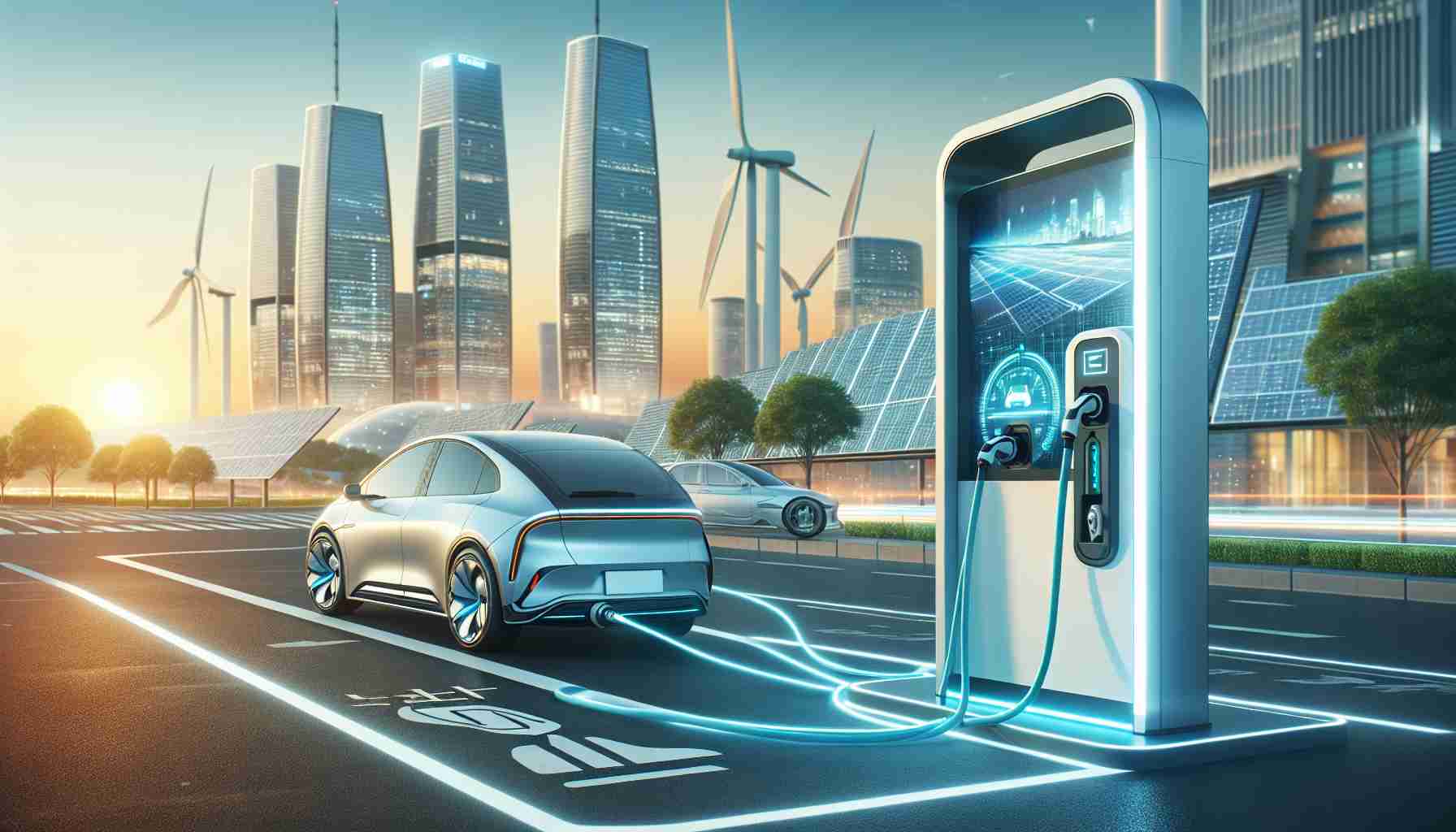 High definition image of next-generation electric vehicle (EV) charging technology. The scene should showcase state-of-the-art charging infrastructure in a smart city environment. The foreground should have a sleek, high-tech EV connected to an advanced charging station. The cityscape in the background should encapsulate modern, clean energy architecture with wind turbines and solar panels in the distance. The overall style should seem optimistic, capturing a sense of progress and sustainability.